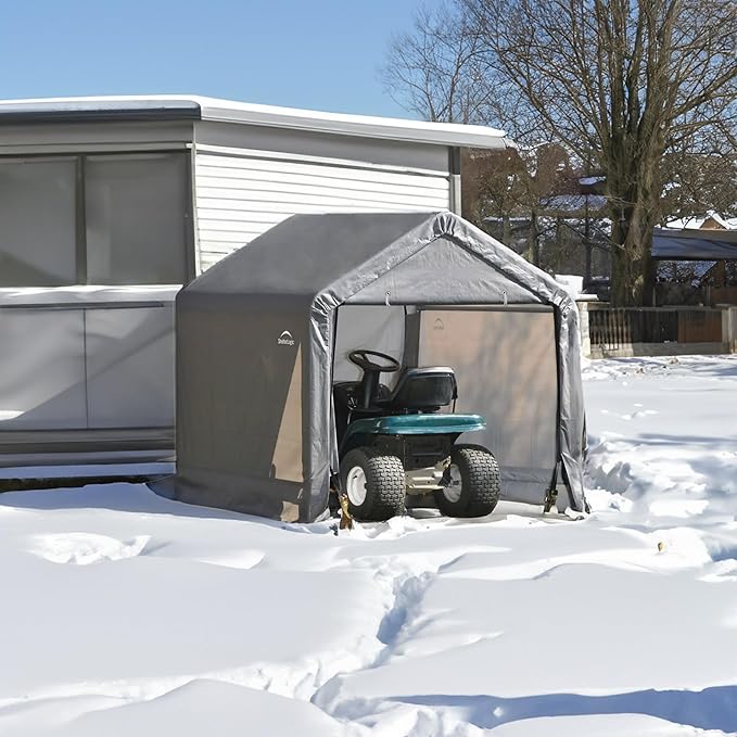 ShelterLogic 6' x 6' Shed-in-a-Box All Season Steel Metal Peak Roof Outdoor Storage Shed with Waterproof Cover and Heavy Duty Reusable Auger Anchors, Grey