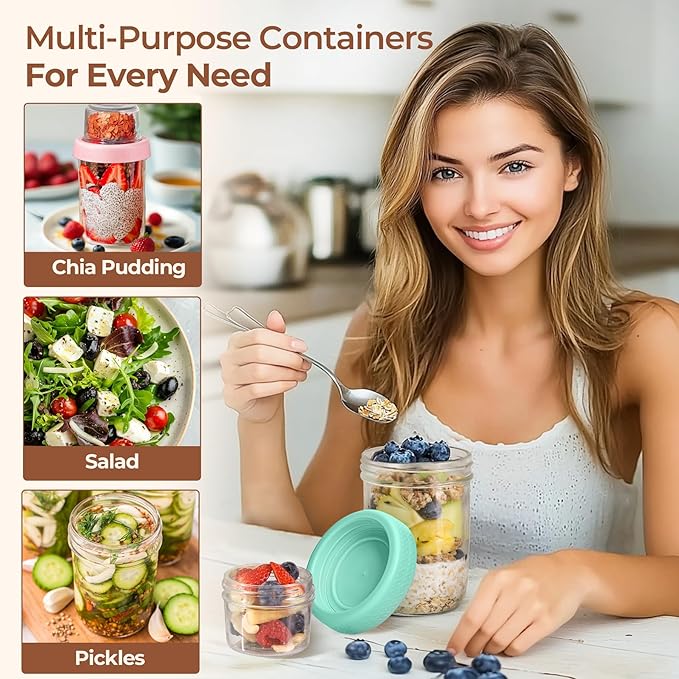 ComSaf Overnight Oats Containers with Lids (16oz+4oz, 6Pcs), Dual-Layer Chia Pudding Jars with Dry and Wet Separation, Yogurt Parfait Cups for Oatmeal Cereal Nut Fruit, Meal Prep Glass Jars for Salad
