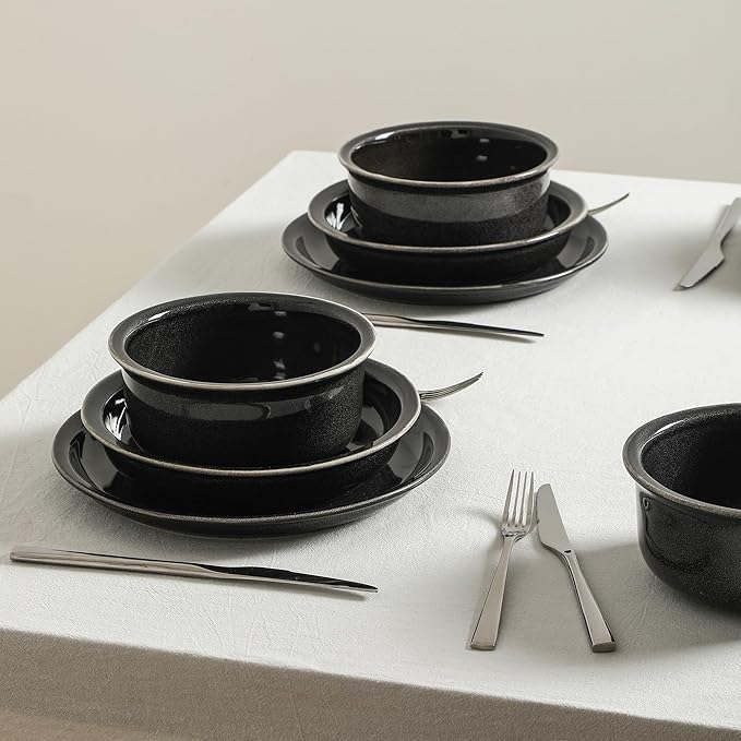 Stone Lain Slate 12-Piece Dinnerware Set Stoneware, Plates and Bowls Set, Dishwasher and Microwave Safe, Dish Set for 4, Black