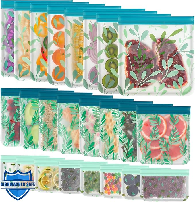 24 Pack Dishwasher Safe Reusable Bags Silicone, Leakproof Reusable Freezer Bags for Food Storage, Home Organization, Travel & Make-up, BPA-Free for Salad and Fruit