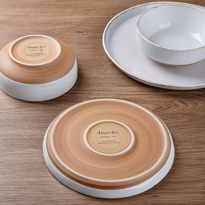 AmorArc 24 Pieces Ceramic Dinnerware Sets for 8, Handpainted Stoneware Plates and Bowls Set with Rustic Terracotta Underside, Scratch Resistant Dishes Set, Dishwasher & Microwave Safe, White