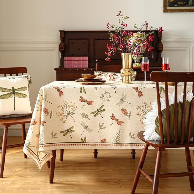 ISAENNE Designer Floral Linen Long Rectangle Tablecloth,French Off White Elegant Table Cloth,Washable Home Decor Tablecloths for Dining Thanksgiving Kitchen Christmas,63"*94"-Grace B