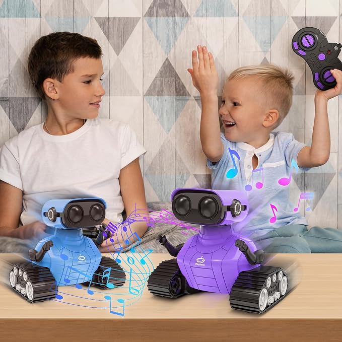 Playsheek Rechargeable Emo Robot with Auto-Demonstration - Remote Control Smart Robot Toy Gift for Kids Age 3+ - Purple