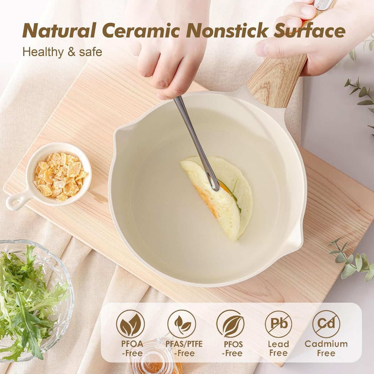 SENSARTE Ceramic Nonstick Sauce Pan with Lid, 2.5 Quart Saucepan with Double Spout, Large Cooking Pot, Non toxic Kitchen Sauce Pot, Non stick Saucier Pan, Induction Cookware, PFOA PTFE PFAS Free