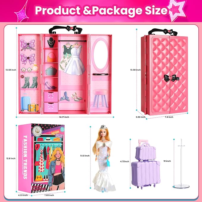 UCanaan 180 Pcs Doll Clothes and Accessories Set, Princess Gowns, Dresses, Tops, Pants, Shoes, Hangers, Fashion Doll Wardrobe, Ages 3+ Best Gitfs for Girls Christmas Birthday