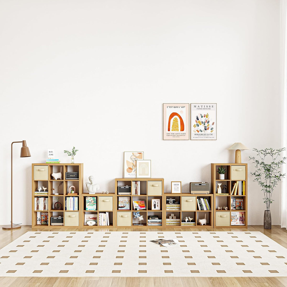 Bookshelf with Storage Bins, 9-Cube Storage Organizer Sturdy Wooden Bookcase Open Book Shelf, Multifunctional Cubicle Rack for Storage & Display, Furniture for Living Room Bedroom Office, Oak