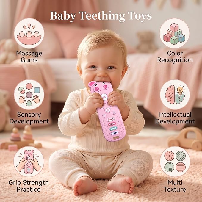 SOLIFEGOBLE Pig-Shaped Remote Teether for Babies 3-18M, Silicone TV Remote Teething Toy, BPA-Free Soft Chew Toy, Teething Relief for Infants Boys Girls (Pink)