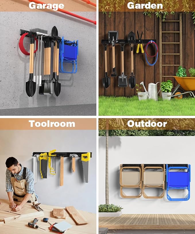 Garage Tool Organizer Wall Mount, 49.5 Inch Garage Organization and Storage Heavy Duty with 3 Packs Rails and 6 Adjustable Hooks, Garden Yard Tool Hanger Rack for Shovel, Max Load 600lbs