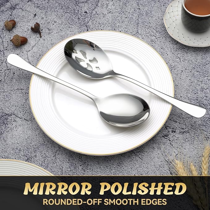 4 Piece Stainless Steel Serving Spoon Set - 2 Large, 2 Slotted,Dishwasher Safe,10-Inch, for Parties/Kitchen/Buffet/Catering