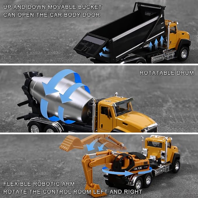 AIUAZA 1/50 Ratio die-Casting Engineering Construction Vehicle, Dump Truck, Excavator, Mixer, Alloy Collection Model car, Boy's Door Opening Pull Back car Toy (3pcs per Set)