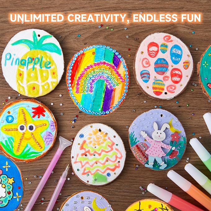 Kids Wood Painting Craft Kit, Glow-in-the-Dark Paint and Diamond Painting on Wood Slices with Stickers & Wiggle Eyes, Ideal Arts and Crafts for Kids Ages 5-12, Gifts for Halloween, Christmas, Birthday