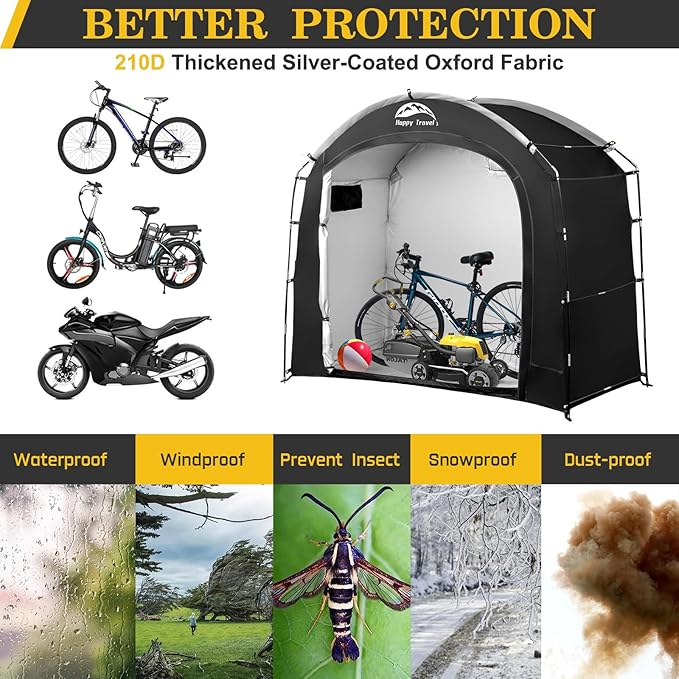 Happy Travel Bike Storage Shed Tent, Waterproof Portable Bicycle Cover with 30% More Top Storage Space for 2/3/4/5 Bikes,Clips Easy Setup Outdoor Sheds Shelter for Motorcycle, Garden Tools, Lawn Mower