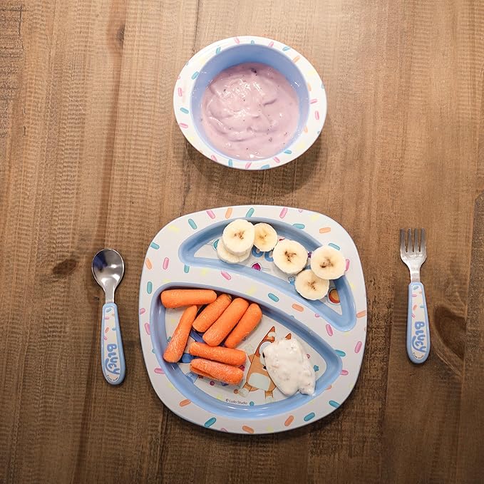 The First Years Bluey 4-Piece Place Setting - BPA Free Dishwasher Safe Toddler Dinnerware Set with Divided Plate, Bowl, Fork, Spoon - Multicolor