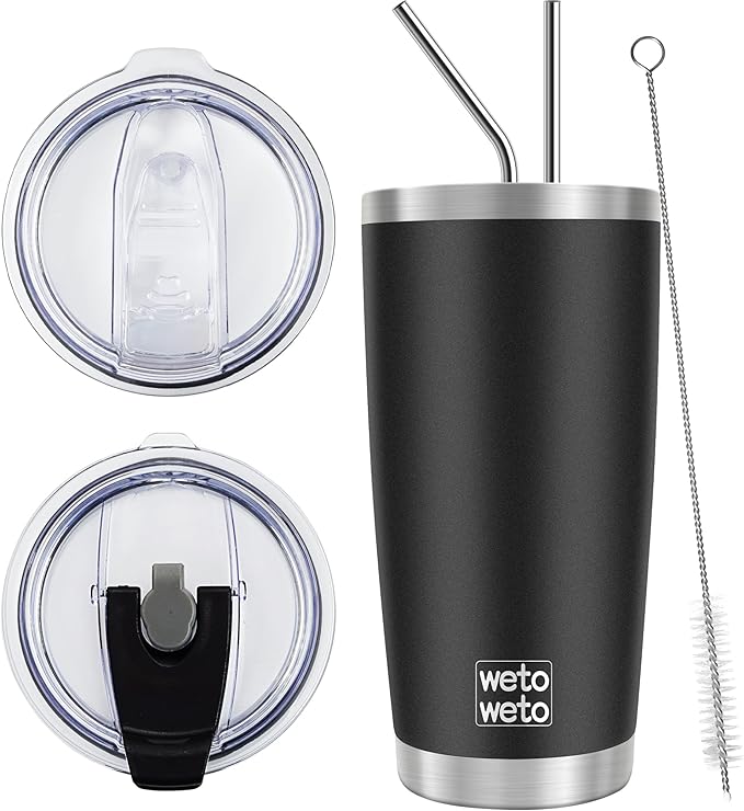 WETOWETO 20oz Tumbler with 2 lids and 2 straws, Stainless Steel Vacuum Insulated Coffee Tumbler Cup, Double Wall Powder Coated Leak-proof Travel Coffee Mug Cup (Black, 1 Pack)