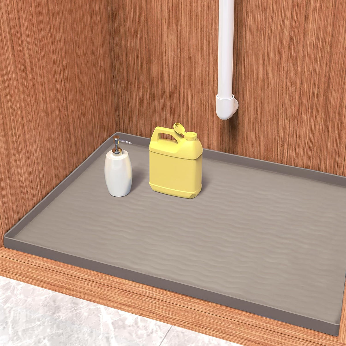 URMONA Waterproof Silicone Under Sink Mat 34'' x 22'' Shelf Liner for Kitchen and Bathroom, Cabinet and Counter Protector, Storage and Organizers, Litter Mat, Pet Cat Puppy Essentials(Beige)