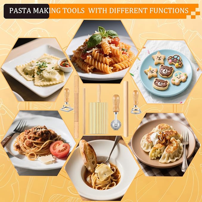 7 pcs Wood Gnocchi Pasta Making Tools Kit with Threaded Pasta Roller Pin Set,Gnocchi Board,Ravioli Stamps and Pasta Cutter.Noodle and Dumplings Maker, For Pasta Maker And Kitchen DIY Gift