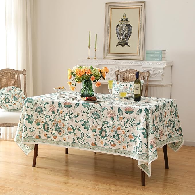 patdrea Designer Green Rectangle Table Cloth,Vintage Italian Floral Country Linen Breathable Tablecloth,Decor Cover for Kitchen Dining,Christmas,Tea Party,Thanksgiving,63"x94"-Tree Life