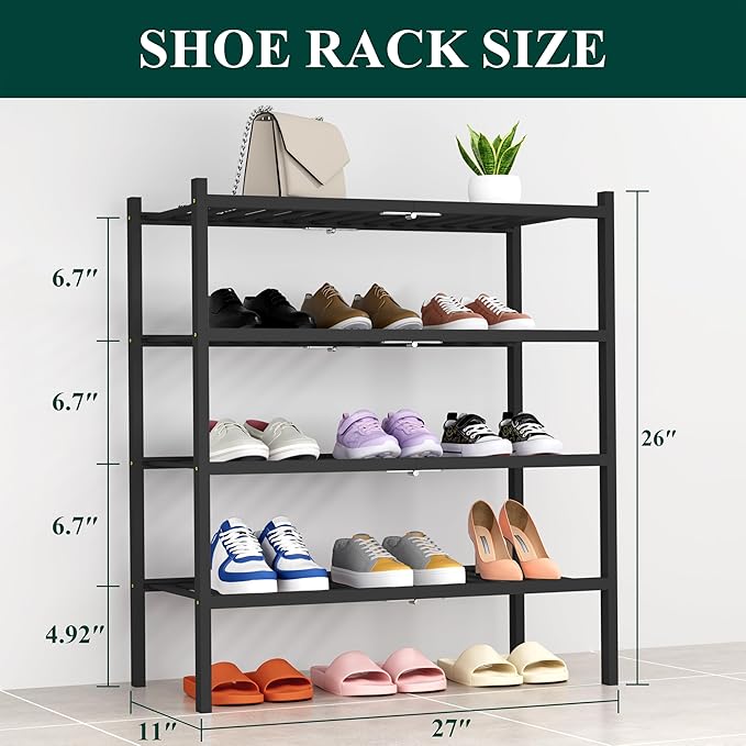 Smiry Shoe Rack, 4 Tier Thick Bamboo Shoe Organizer, Stackable Free Standing Wooden Shoe Storage Shelf for Closet, Entryway, Front Door Entrance, Black