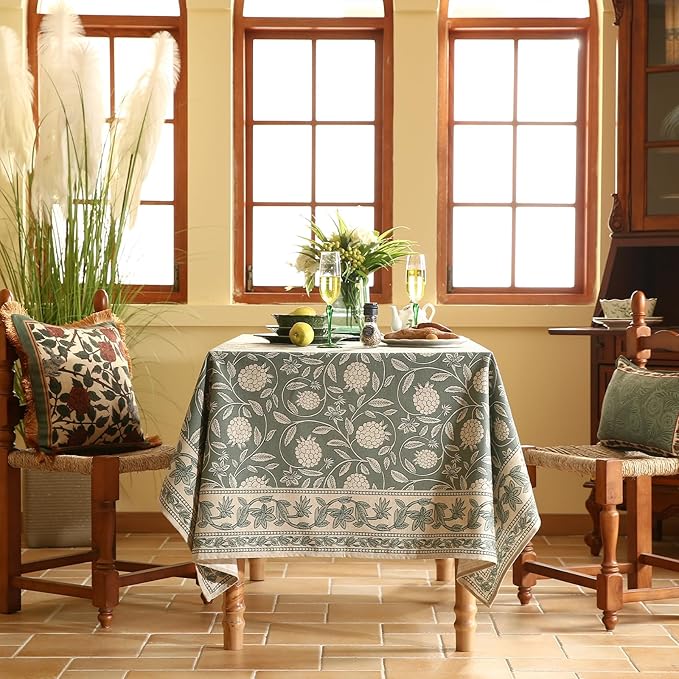 ISAENNE Designer Grayish Green Linen Small Square Tablecloth,Floral Stain Resistant Table Cloth,Fall Vintage Decor Tablecloths for Dining Thanksgiving Kitchen Tea Party,55"*55"-Andrew A