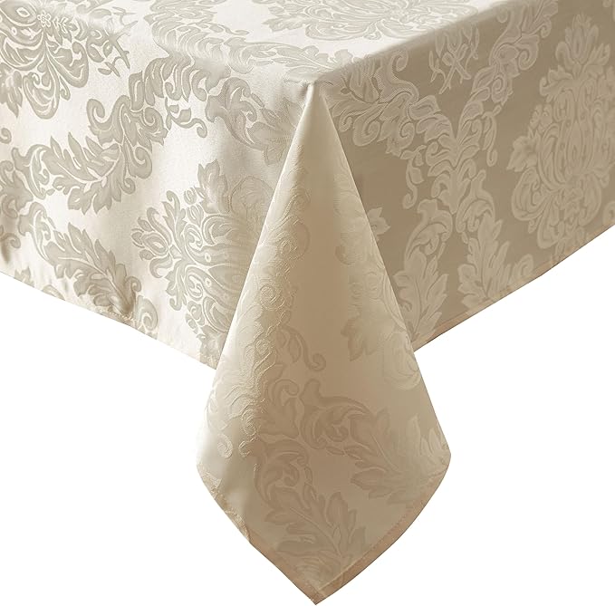 Newbridge Barcelona Luxury Damask Fabric Tablecloth, 60” Wide x 84” Oval, Golden Beige, 100% Polyester, No Iron, Soil Resistant Dining Room, Party and Banquet Table Cover
