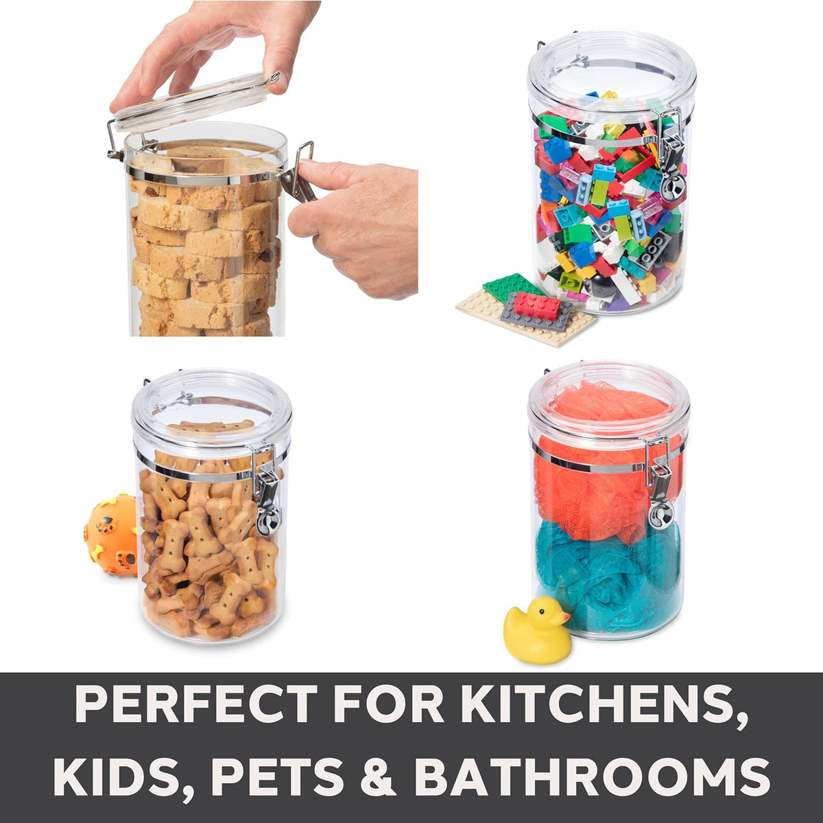Oggi 4pc Clear Canister Set with Clamp Lids & Spoons - Airtight Food Storage Containers, Ideal for Kitchen & Pantry Storage of Bulk, Dry Food Including Flour, Sugar, Coffee, Rice, Tea, Spices & Herbs