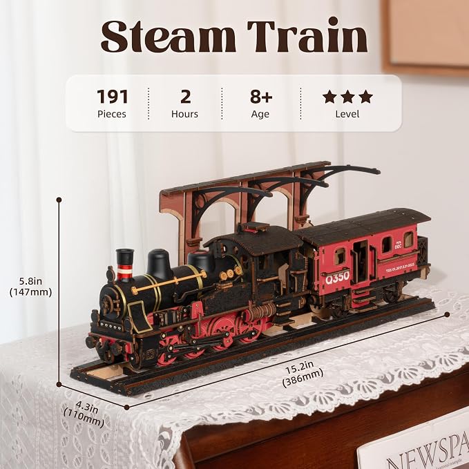 ROBOTIME 3D Puzzles for Adults Wooden Puzzle DIY Model Steampunk Train Kit to Build Wood Craft Kit Toy Hobby Gift Home Decor (Steam Journey)