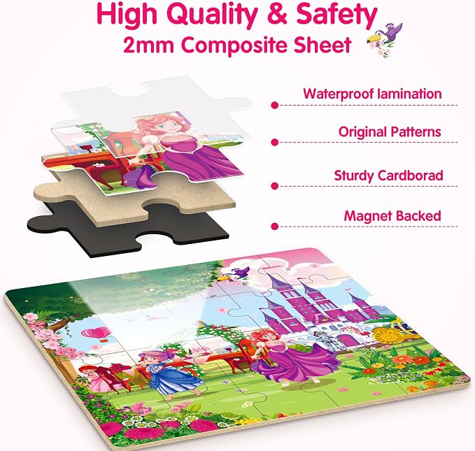SYNARRY Unicorn Mermaid Princess Magnetic Puzzles for Toddlers 3-5 Girls, 20 Pieces Travel Puzzles for Kids Ages 4-6, Car Airplane Road Trip Activities Toys for 3 4 5 6 Year Old Girls Birthday Gifts