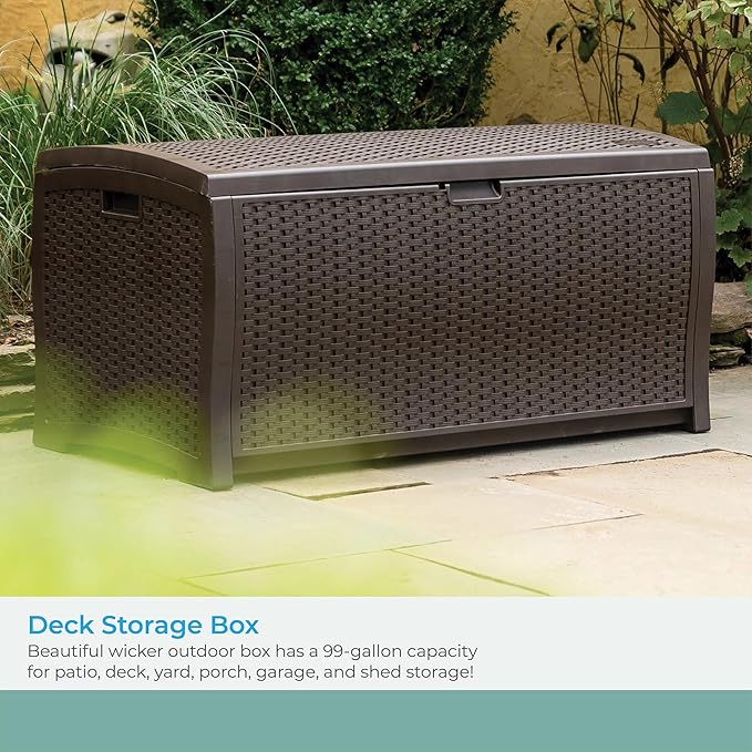 Suncast DBW9200 99 Gallon Outdoor Wicker Plastic Patio Storage Chest Bin with Handles for Patio, Garden, Garage, or Pool for All Weather, Mocha