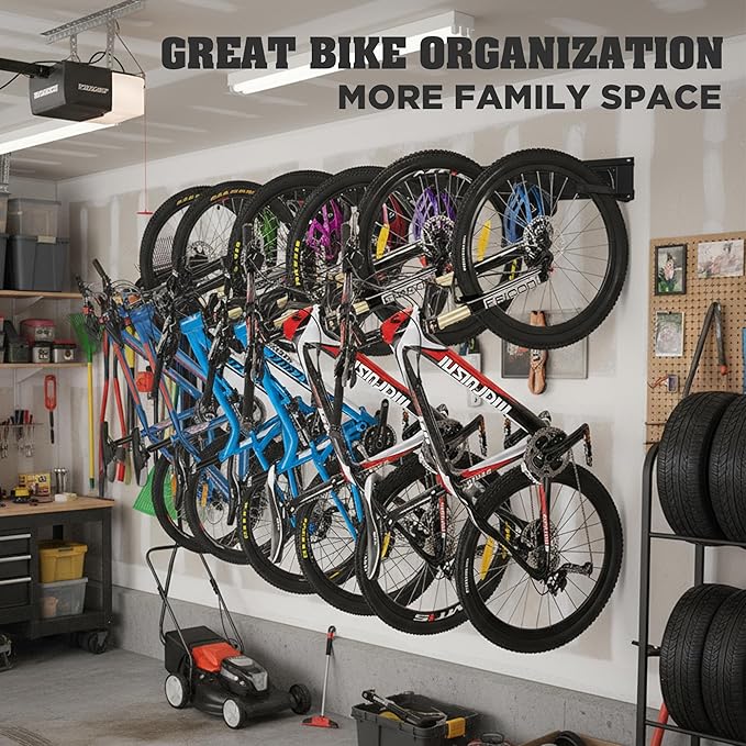 HORUSDY Stainless Steel Bike Storage Rack, 6 Bike Storage Hanger Wall Mount and 6 Helmets Hooks for Home & Garage Holds Up to 600lbs, Black