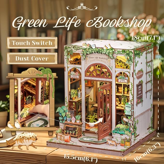 CUTEBEE Book Nook Kit - DIY Miniature House Dollhouse Kit for Adults and Teens, Booknook Tiny House Bookshelf Decor 3D Wooden Puzzle, Gifts for Family Friends (Green Life Bookshop)