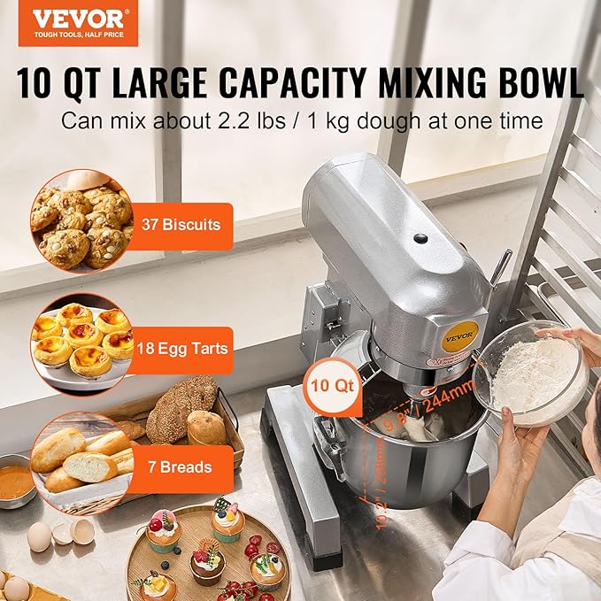 VEVOR Commercial Mixer, Commercial Food Mixer 10Qt Stainless Steel Bowl, 450W Commercial Stand Mixer with 3 Speeds Adjustable, Dough Hook Whisk Beater Included, Perfect for Bakery Pizzeria, Silver