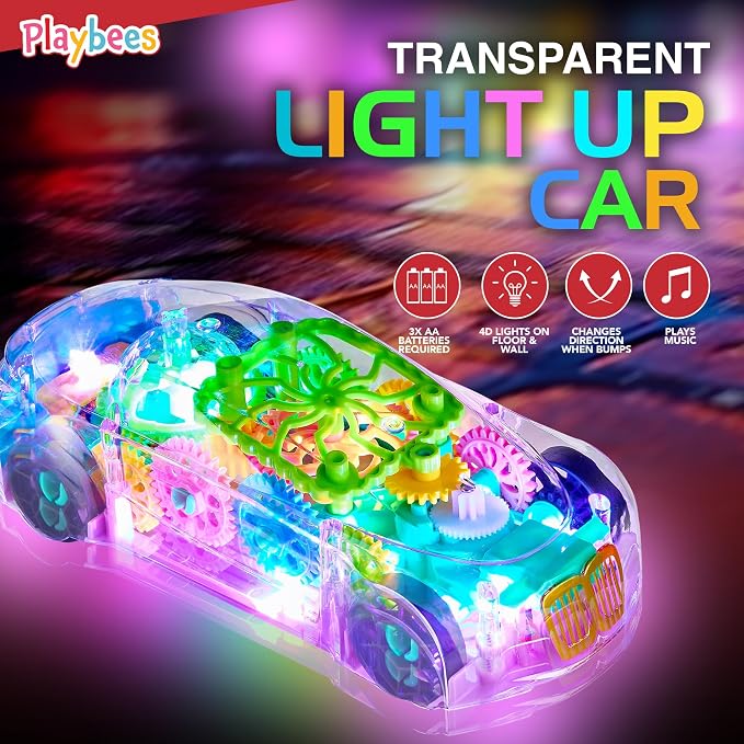 Playbees Light-Up Transparent Car Toy, Toys for Autistic Kids Ages 3-5 Sensory Toy for Kids with Autism Special Needs Toys, Bump and Go Toys for Toddlers Music and LED Effects Great Gift Idea