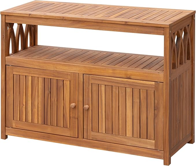 Greesum 2-Tier Outdoor Storage Cabinet in Acacia Wood, with 2 Magnetic Doors, for Garden, Picnic, Buffet, TV Stand, or Bar Table, Brown