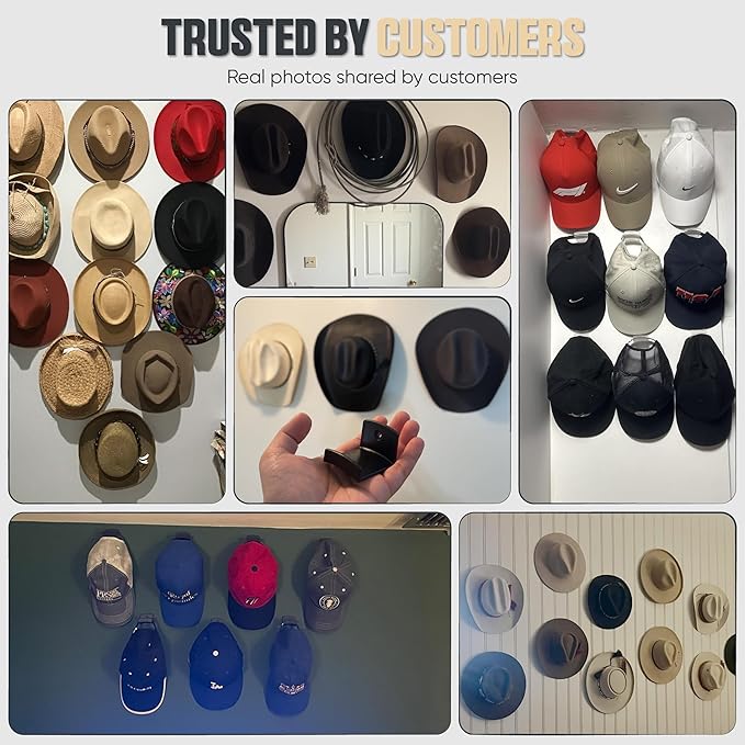 Modern JP Adhesive Hat Hooks for Wall (20-Pack) - Cowboy Hat Rack, Wide Brim Hat Organizer, Strong Hold Hat Hangers for Wall - White