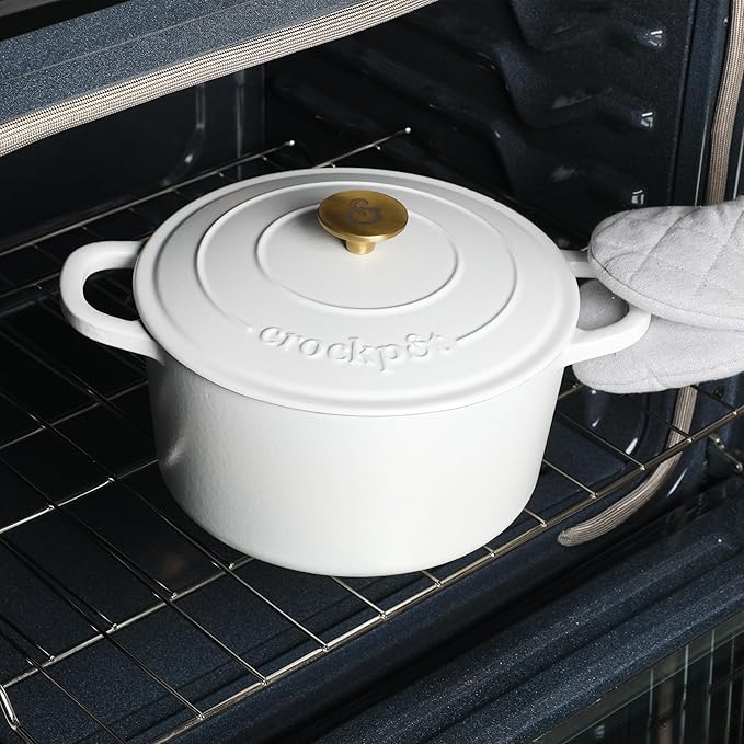 Crock-Pot Artisan 5-Quart Round Dutch Oven – Matte Linen White with Gold Knob, Enameled Cast Iron Cookware