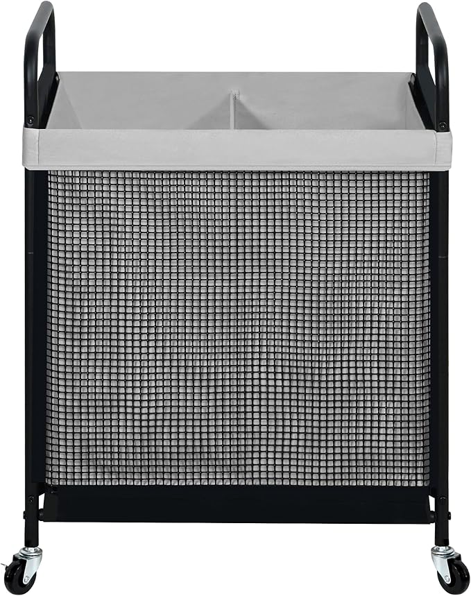 STO STO Laundry Hamper 2 Section, 100L Rolling Laundry Sorter Cart with Removable and Washable Liner Bag, Clothes Hamper with Wheels and Metal Handle for Laundry Room and Bedroom, Gray