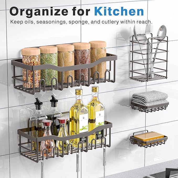 EUDELE 5-Pack Rustproof Stainless Steel Shower Caddy Set– No Drill Adhesive Bathroom Organizer, Space-Saving Shower Shelves for Apartment Essentials, Bathroom/Kitchen Storage Home Decor-L Size