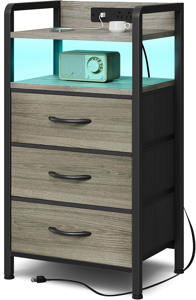 Night Stand with Charger Station - Grey Nightstand with LED Light Strip, Morden Bedside Table with USB Ports & AC Outlets, End Table with Storage Shelf & 3 Fabric Drawers