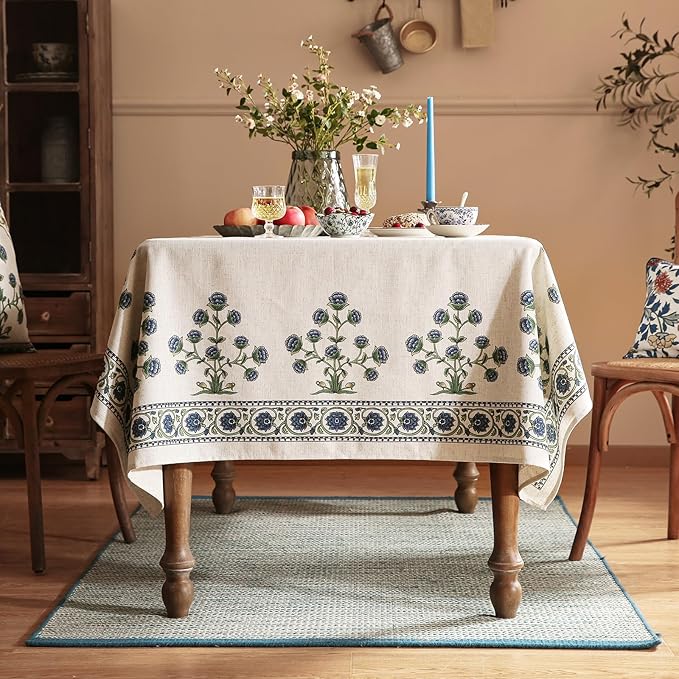 patdrea Designer Vintage Small Blue Rectangle Table Cloth,Linen Leaves Pattern Floral Tablecloth,Farmhouse Fall Table Cover for Kitchen Dining Christmas,Tea Party,Thanksgiving,55"x71"-Ivar B