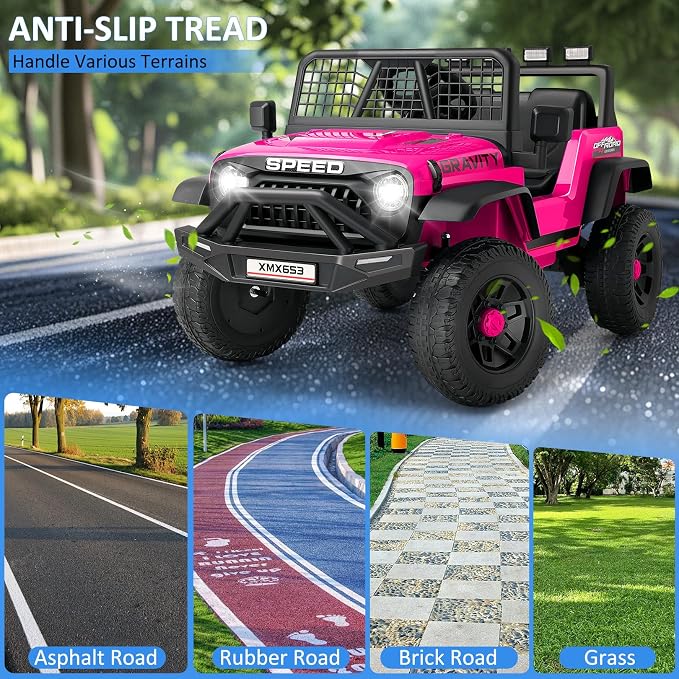 Hikole 24V Electric Car for Kids Ages 4-8 w/Parent Remote, Battery Powered Truck Toys for Toddler Boys Girls, Spring Suspension, Safety Belt, Music Player, 3 Speeds, Bright LED Light, Pink