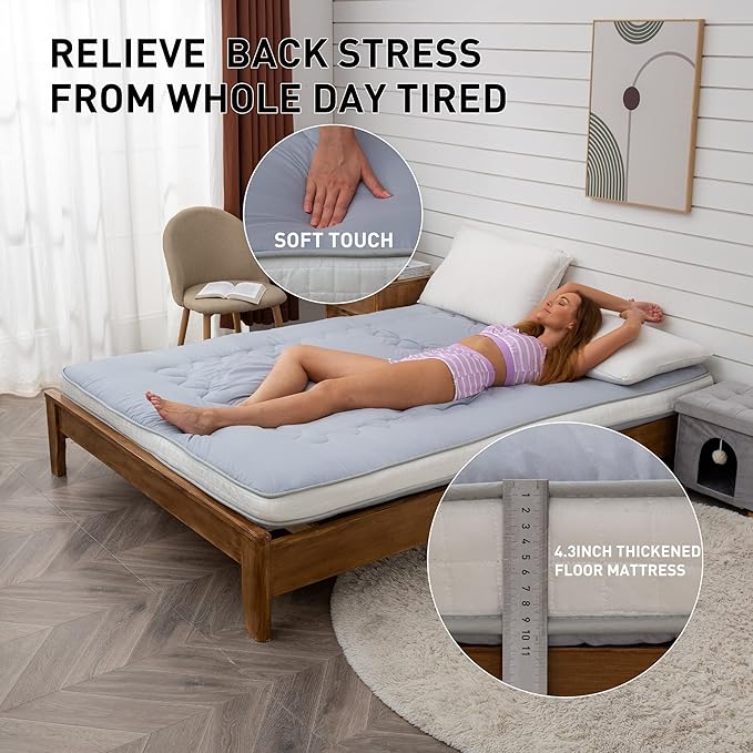 Dr.Futon Japanese Floor Futon Mattress Extra Thick Folding Roll Up Bed Topper Mat for Guest,Lounger and Tavel