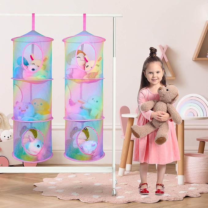 Basumee Stuffed Animals Net or Hammock 2 Pcs Stuffed Animals Storage Toy Net Hammock for Plushies Storage Organizer Mesh Kids Girls Room Decor, Rainbow, 3 Tiers