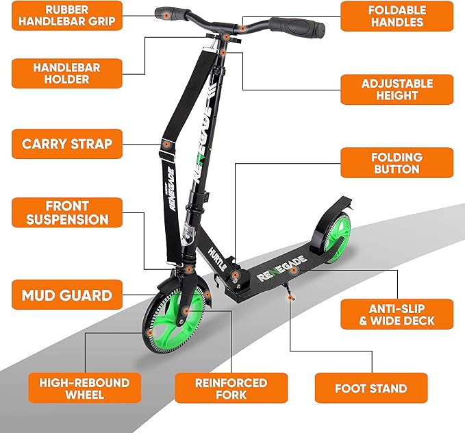 Hurtle Renegade Kick Scooter for Kids, Teenagers & Adults - 2-Wheel Folding Scooter with Adjustable T-Bar Handlebar - Alloy Anti-Slip Deck