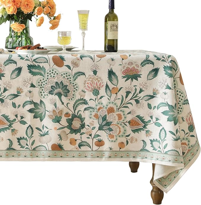 patdrea Designer French Green Table Cloth for Rectangle Table,Vintage Italian Floral Country Linen Extra Long Tablecloth,Decor Cover for Kitchen Dining,Christmas,Thanksgiving,67"x118"-Tree Life