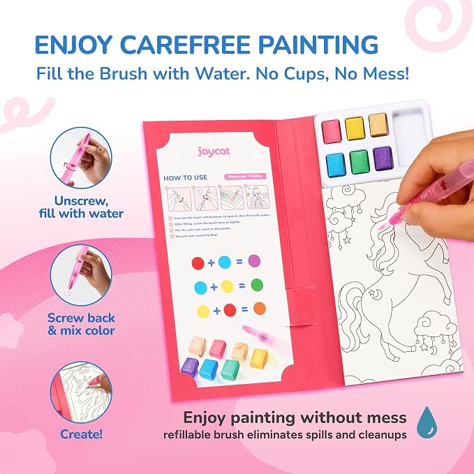 JoyCat Pocket Paint with Water Coloring Books for Kids, Art & Craft Activity Toy Set, Creative Travel & Home Painting Kit, Gifts for Girls & Boys Ages 3-8 (Magical Pony)