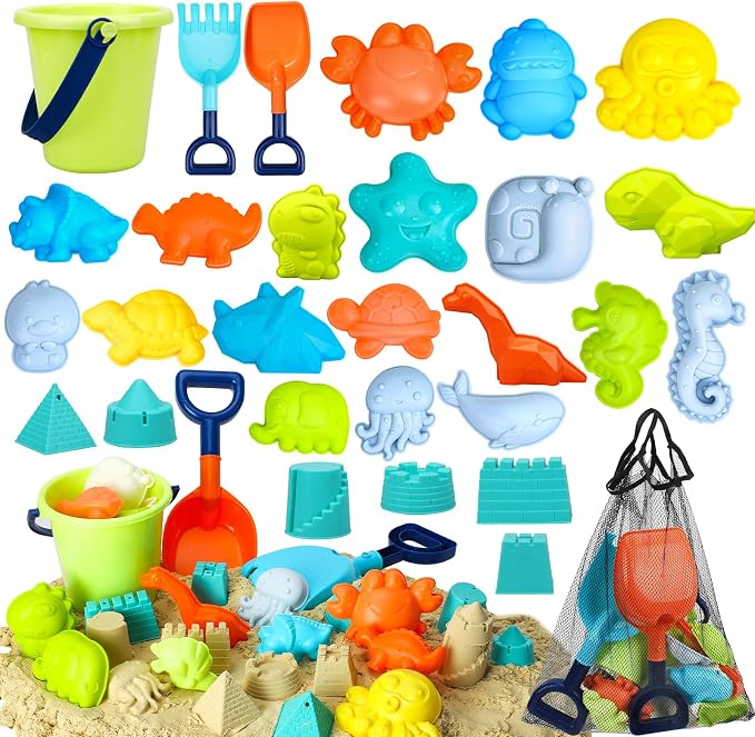 TOY Life 29 Pcs Dinosaur Beach Toys Sand Toys Toddlers with Castle Bucket Shovels & Sand Castle Building Kit Molds, Sandbox Toy Travel, Beach Party, Fishing, Summer Toy Activities