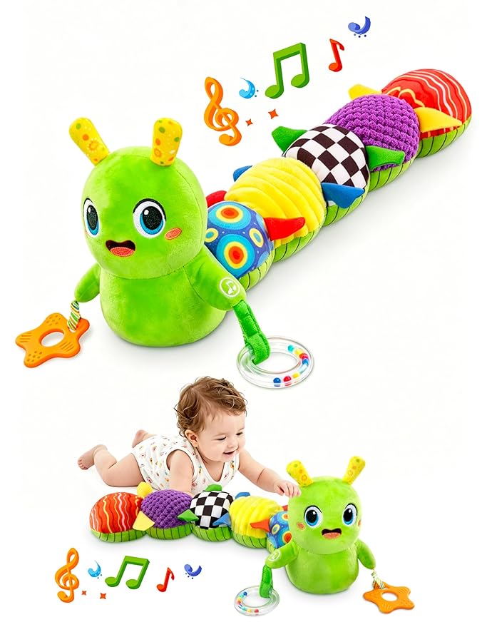 GoGonova Musical Caterpillar Baby Sensory Toy for Infant Development 0-12 Months – Newborn Bath, Car Seat, Stroller & Bassinet Activity Toy & Gift – Tummy Time Crawler & Teether(Green)