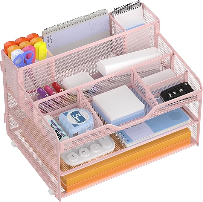 Docnest 3 Tier Mesh Desk Organizer for Paper Office Supplies – Multi-Functional Letter Tray with 5 Adjustable Compartments, 3 Pen Holders, Desktop Storage for Files, Mail, Stationery – Pink