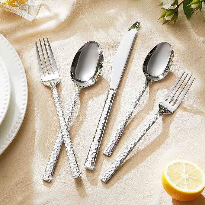 KINGSTONE 20 Piece Hammered Silverware Set, 18/10 Stainless Steel Flatware Set for 4, Cutlery Set for Home, Party, Wedding, Mirror Polished Dishwasher Safe