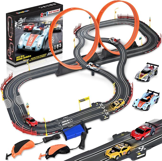 Slot Car Race Track Sets,2 in 1 Race Car Track with 4 High-Speed Slot Cars，Gift Toy for Boys Kids Ages 5 6 7 8-12,Dual Power (Source) Cars Track,Dual Racing Game Lap Counter Circular Overpass Track